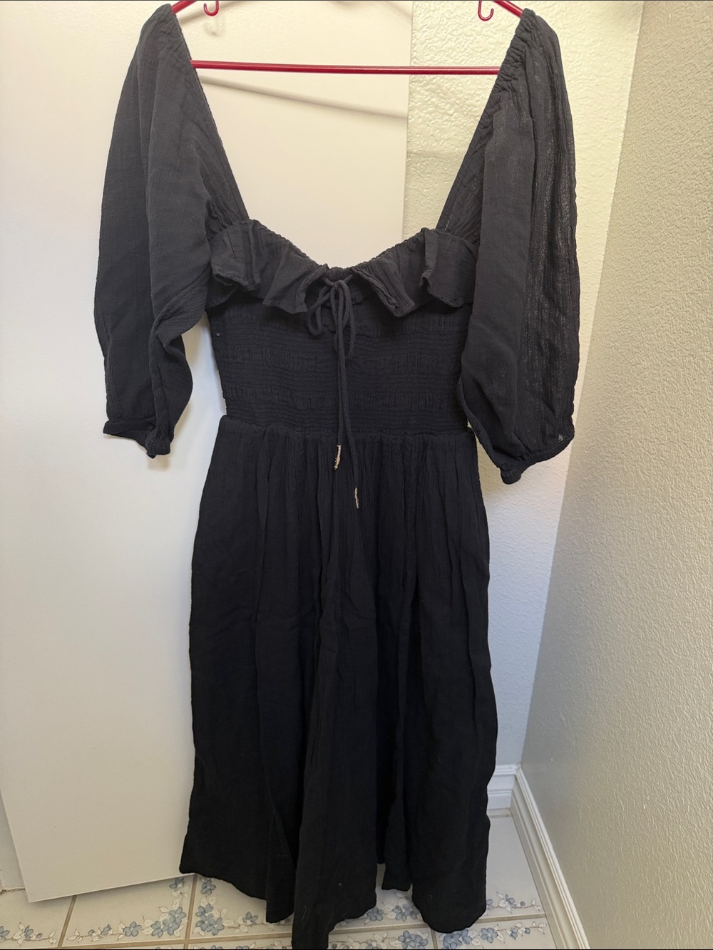 We The Free Black Puff-Sleeve Smocked Maxi Dress